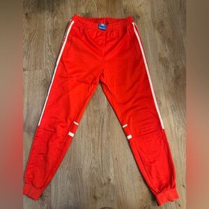 adidas Unisex Red Joggers with White Stripes